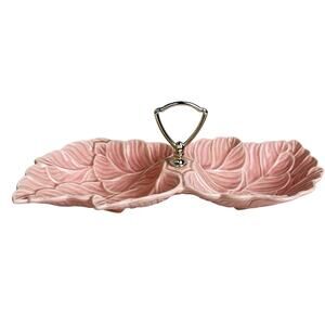 VTG MCM USA Candy Nut Dish Pink Pottery Leaves Handled Divided No 72